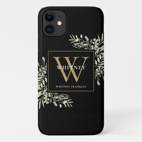 Gold Monogram Black Elegant Modern Greenery iPhone 11 Case
