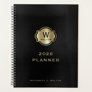 Gold Monogram Black Leather Look Planner