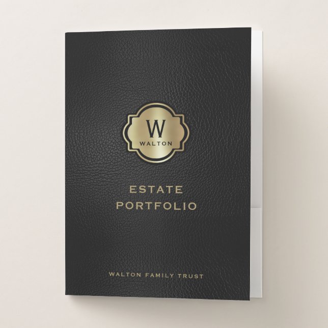 Gold Monogram Black Leather Look Pocket Folder (Front)