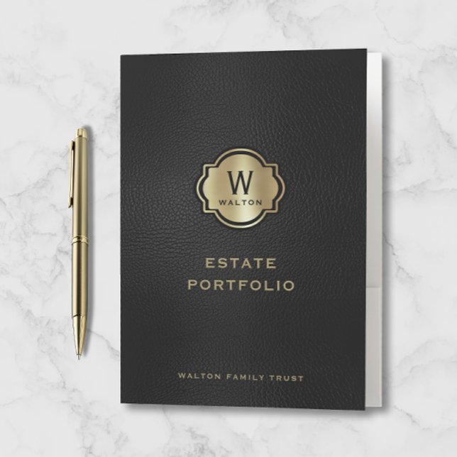 Gold Monogram Black Leather Look Pocket Folder (Creator Uploaded)
