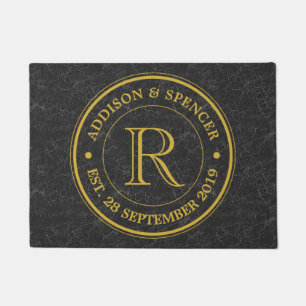 Gold Monogram Black Leather Wedding Anniversary Doormat