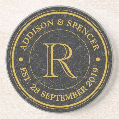 Gold Monogram Black Leather Wedding Anniversary Drink Coaster