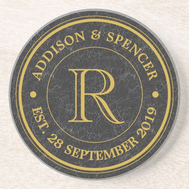 Gold Monogram Black Leather Wedding Anniversary Drink Coaster (Front)