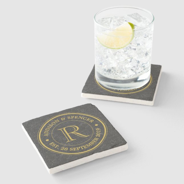 Gold Monogram Black Leather Wedding Anniversary Stone Coaster (Side)