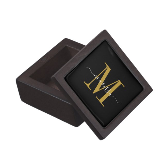 Gold Monogram Black Magnetic Wooden Gift Box (Opened)