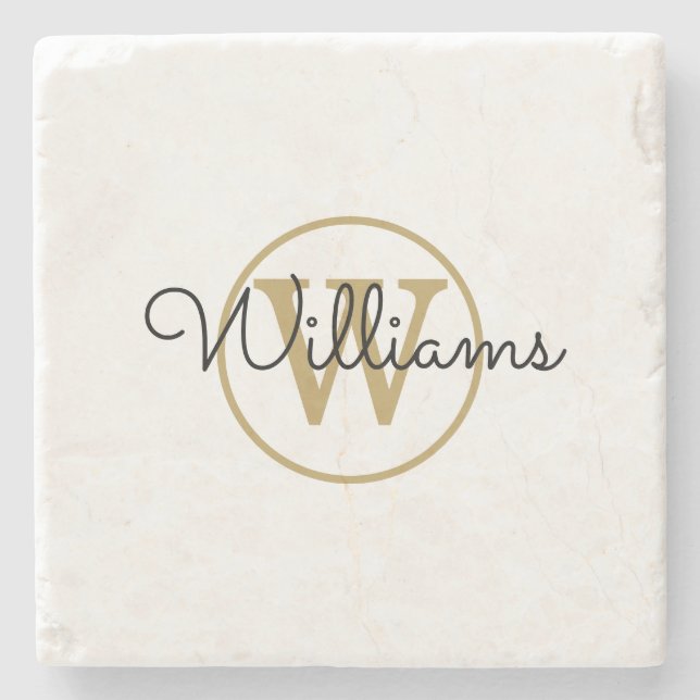 Gold Monogram Black Script Name Stone Coaster (Front)