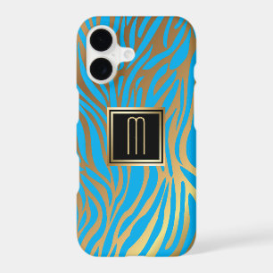 Gold Monogram Blue Tiger Stripe Pattern iPhone 17 Case