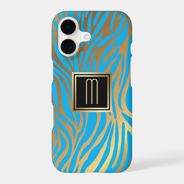 Gold Monogram Blue Tiger Stripe Pattern Case-Mate iPhone Case (Back)
