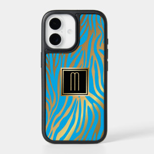 Gold Monogram Blue Tiger Stripe Pattern iPhone 17 Case