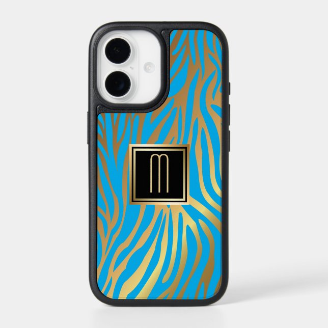 Gold Monogram Blue Tiger Stripe Pattern Otterbox iPhone Case (Back)