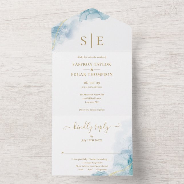 Gold Monogram Blue Watercolor Wedding All In One Invitation (Inside)