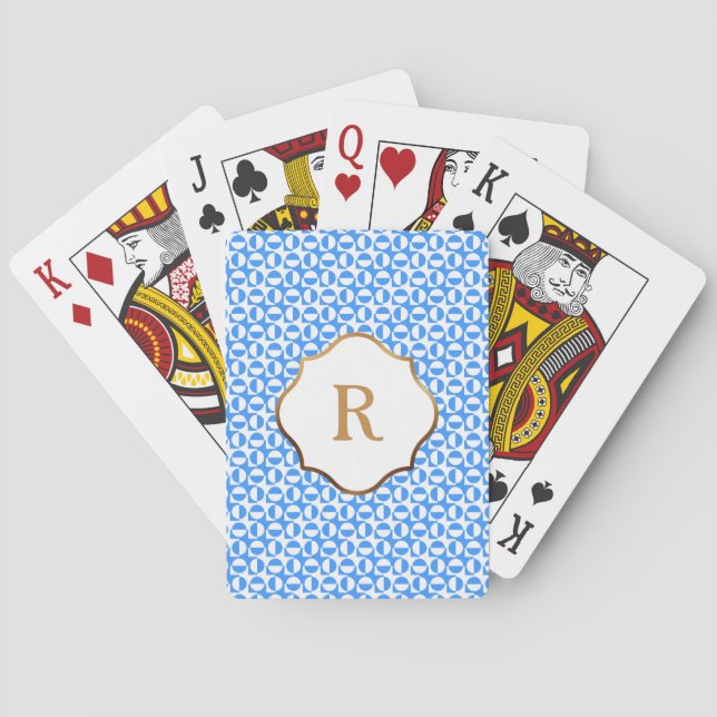 Gold Monogram Blue & White Diagonal Retro Pattern Poker Cards (Back)