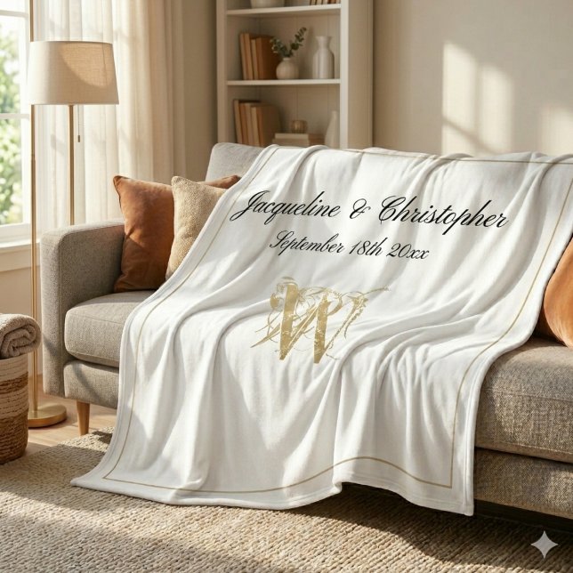 Gold Monogram & Border Black Script White Newlywed Fleece Blanket (Elegant gold monogram with black names and gold border against a gorgeous white fleece blanket.)