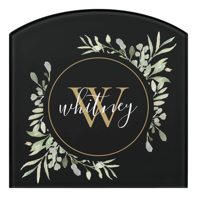 Gold Monogram Botanical Elegant Script Black Door Sign (Contour Front)
