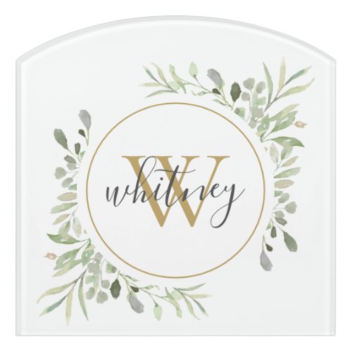 Gold Monogram Botanical Elegant Script Door Sign