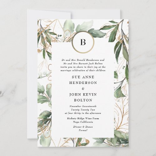 Gold Monogram Botanical Eucalyptus Greenery Moss Invitation