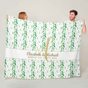 Gold Monogram Botanical Watercolor Greenery Weddin Fleece Blanket