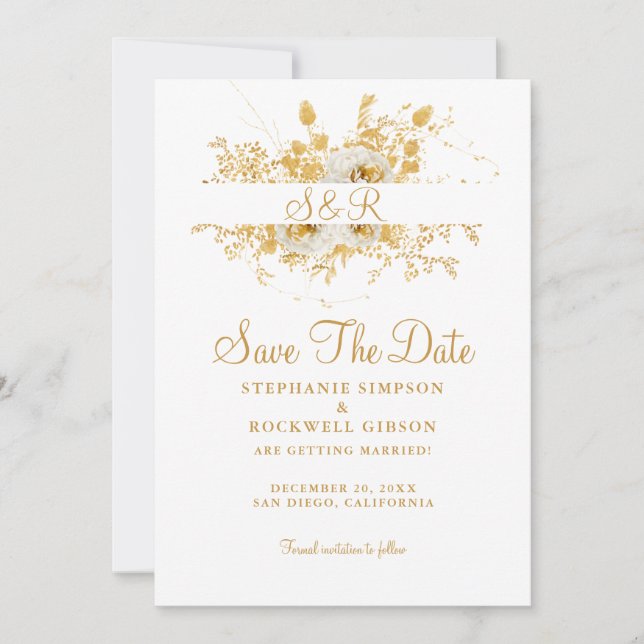 Gold Monogram Bride Groom Name Wedding  Save The Date (Front)