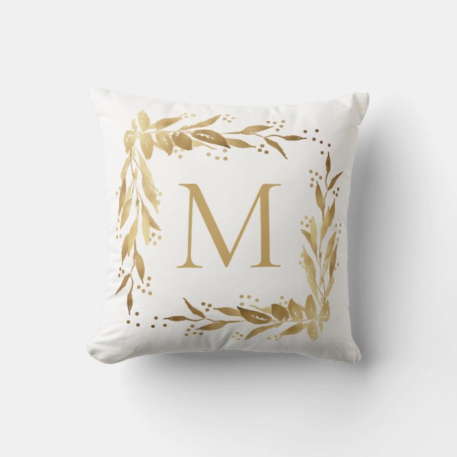 Gold Monogram Christmas Wreath on White Throw Pillow (Front)