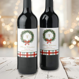 Gold Monogram Christmas Wreath Red Green Plaid Wine Label