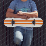 Gold Monogram Classic Orange White Racing Stripes Skateboard<br><div class="desc">Create your own custom, personalized, classic orange and white racing stripes, cool, stylish, classy elegant faux gold typography script, best quality hard-rock maple competition shaped skateboard deck. To customize, simply type in your name / monogram / initials. While you add / design, you'll be able to see a preview of...</div>