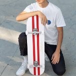 Gold Monogram Classic Red White Racing Stripes Skateboard<br><div class="desc">Create your own custom, personalized, classic red and white racing stripes, cool, stylish, classy elegant faux gold typography script, best quality hard-rock maple competition shaped skateboard deck. To customize, simply type in your name / monogram / initials. While you add / design, you'll be able to see a preview of...</div>
