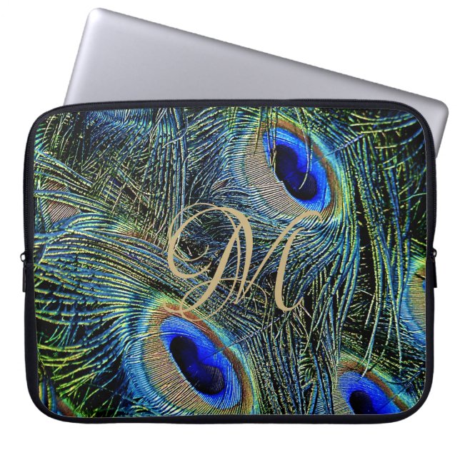 Gold Monogram Colorful Peacock Feathers  Laptop Sleeve (Front)