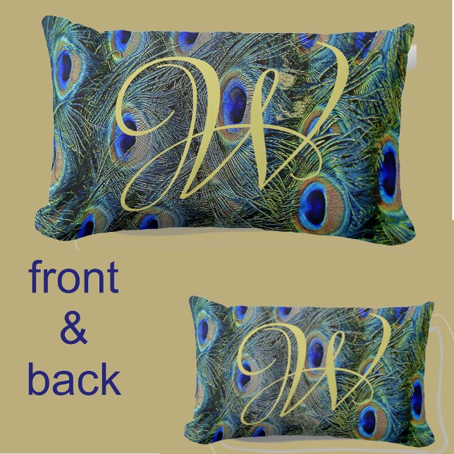 Gold Monogram Colorful Peacock Feathers Lumbar Pillow (Creator Uploaded)
