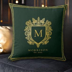 Gold Monogram Crest Throw Pillow