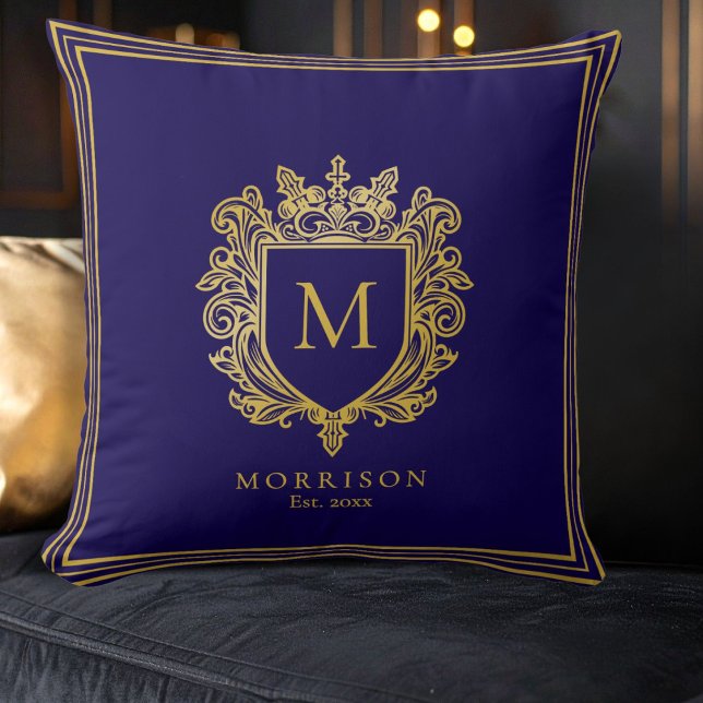 Gold Monogram Crest Throw Pillow (Gold Monogram Crest Blue Throw Pillow)