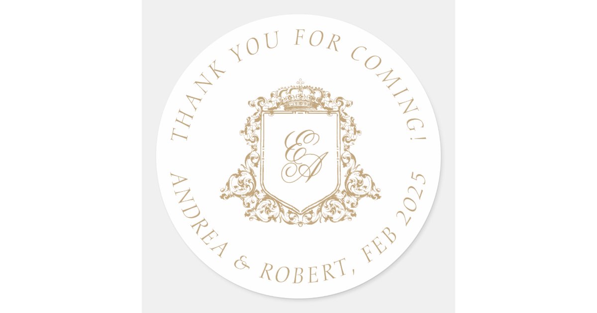 Gold Monogram Crest Wedding Thank You Classic Round Sticker | Zazzle