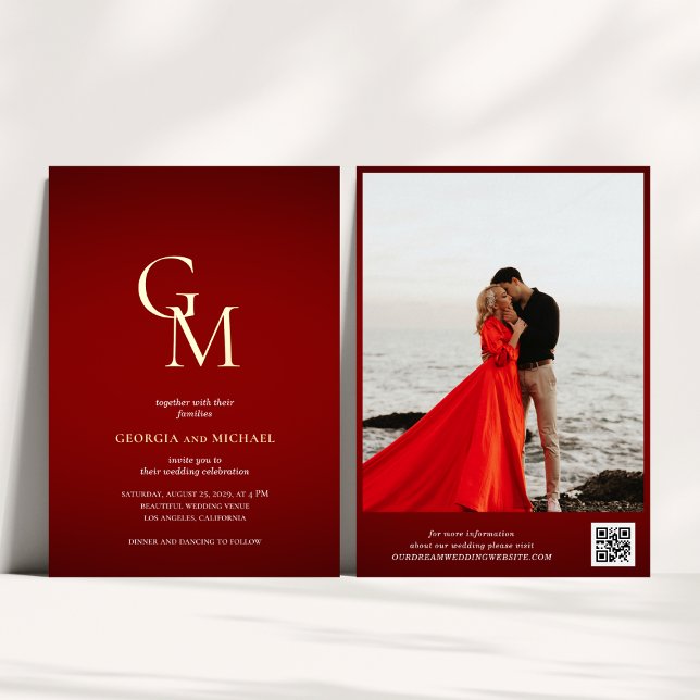 Gold Monogram Crimson Red Photo QR Code Wedding Foil Invitation (Creator Uploaded)