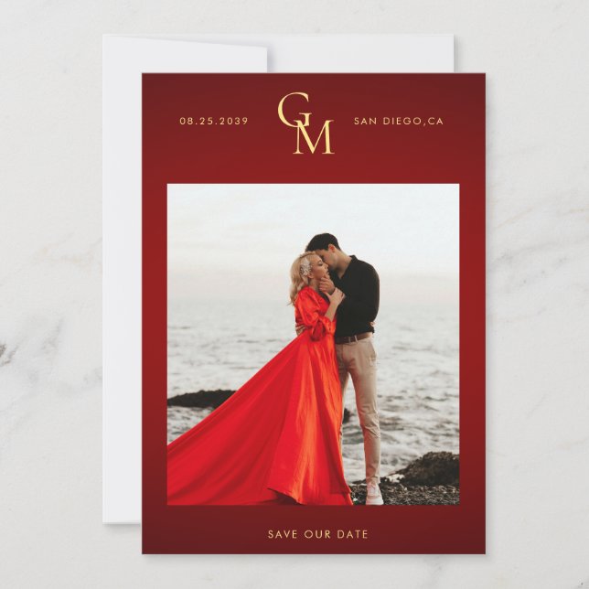 Gold Monogram Dark Red Moody Photo Passion Wedding Save The Date (Front)