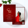 Gold Monogram Dark Red Moody Photo QR Code Wedding Foil Invitation