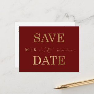 Gold Monogram Deep Red Wedding Save the Date Announcement Postcard