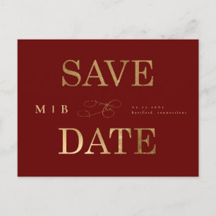 Gold Monogram Deep Red Wedding Save the Date Postcard