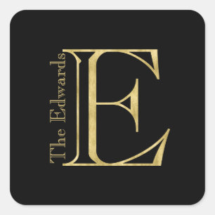 Gold Monogram E and Name on Any Color Square Sticker