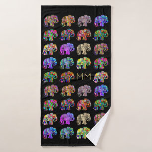 Gold Monogram Elegant Black Elephant Lover's Bath Towel