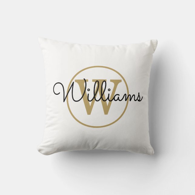 Gold Monogram Elegant Black Script Throw Pillow (Front)