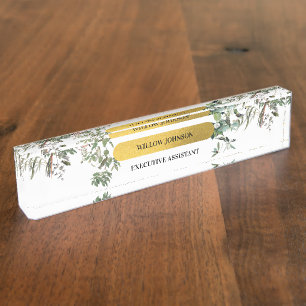 Gold Monogram Elegant Eucalyptus Greenery & Birds Desk Name Plate