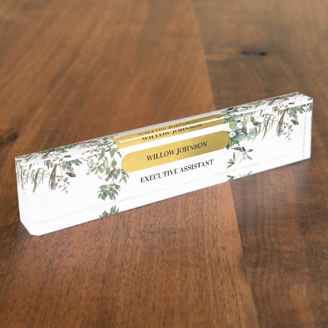 Gold Monogram Elegant Eucalyptus Greenery & Birds Desk Name Plate (Side)