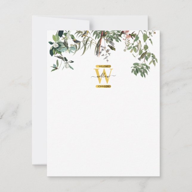 Gold Monogram Elegant Eucalyptus Greenery & Birds Note Card (Front)