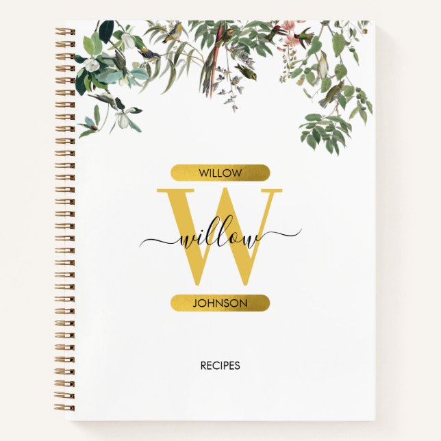 Gold Monogram Elegant Eucalyptus Greenery & Birds Notebook (Front)