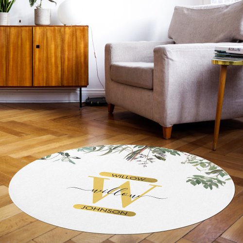 Gold Monogram Elegant Eucalyptus Greenery  Birds  Rug