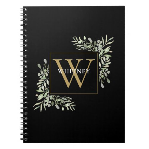 Gold Monogram Elegant Eucalyptus Greenery Black Notebook