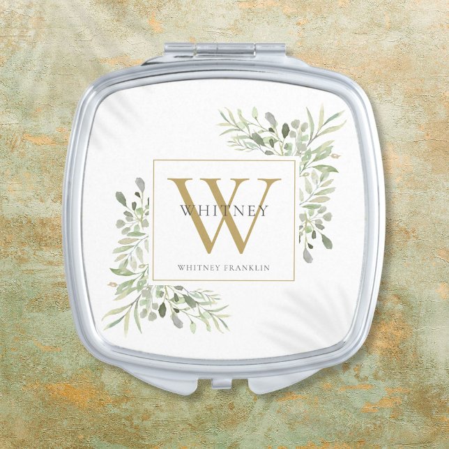 Gold Monogram Elegant Feminine Greenery Compact Mirror (Gold Monogram Elegant Feminine Greenery Compact Mirror)