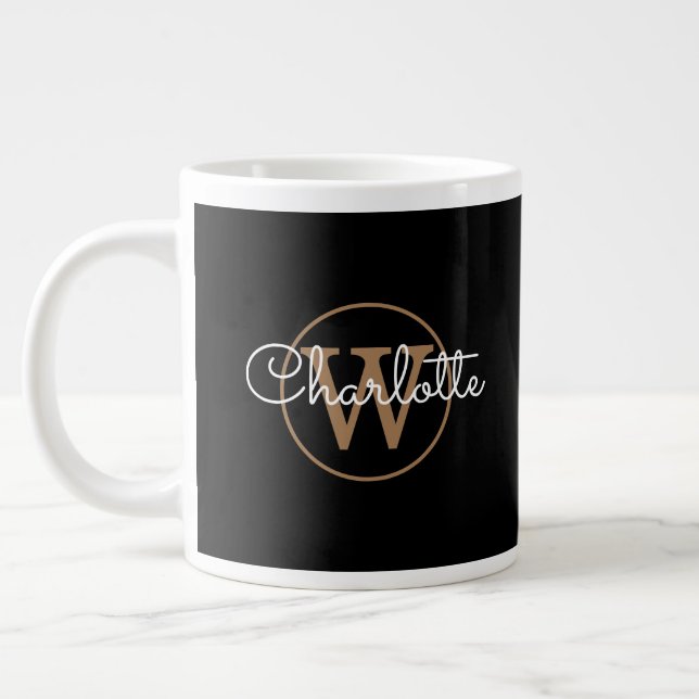 Gold Monogram Elegant Girly Script Black  Giant Coffee Mug (Left)