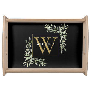 Gold Monogram Elegant Greenery Black Serving Tray