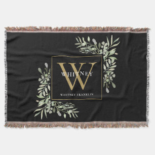Gold Monogram Elegant Greenery Black Throw Blanket