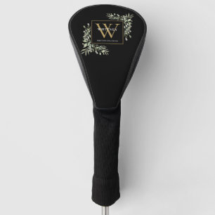Gold Monogram Elegant Greenery Foliage Black Golf Head Cover